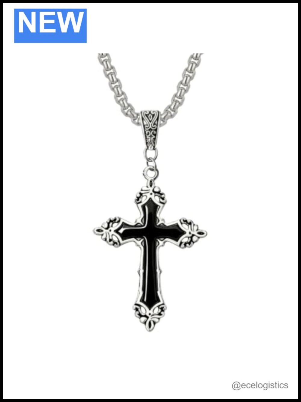 GELOCH Black Onyx Cross Necklace Silver Tone Filigree Pendant 20in Chain Gothic